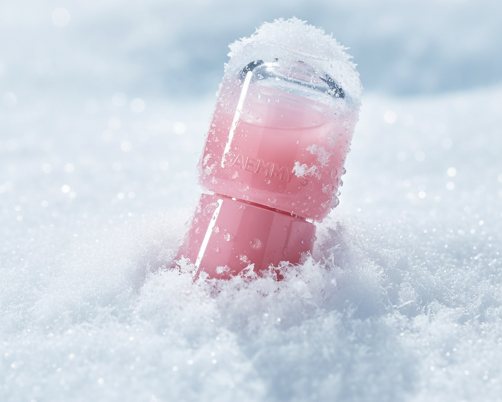 Korean makeup brand The Saem lip tint Ade Shot Tint pictured submerged in snowslider_item_pAfa7F