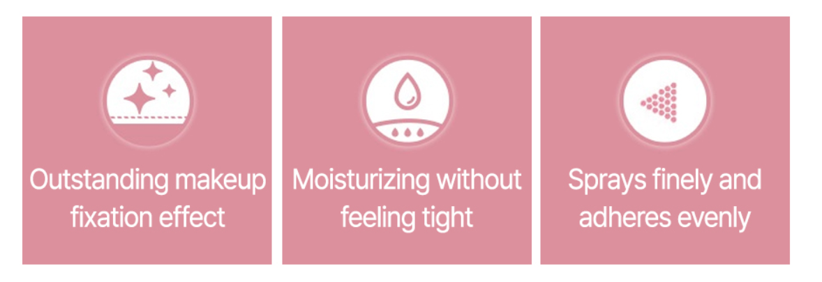 Three pink icons with text on a pink background, outstanding makeup fixation effect, moisturizing without feeling tight, sprays finely and adheres evenly.