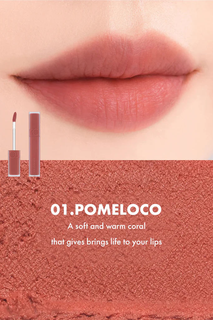 rom&nd Blur Fudge Tint in shade 01 Pomeloco on lips. Soft matte Korean lip tint with a blurred, velvety finish and vibrant pomelo-inspired color. Authentic K-beauty lip product available at Sejou