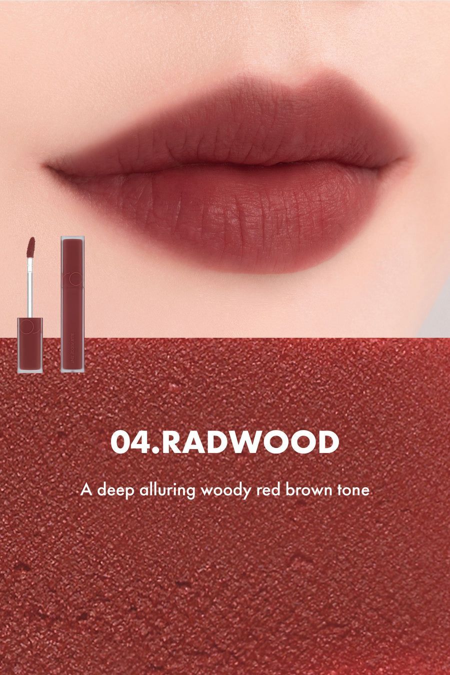 rom&nd Blur Fudge Tint in shade 04 Radwood product shot. Korean soft-matte lip tint with a warm radwood color and a cushiony blurred finish. Bestselling rom&nd lip tint available at Sejou