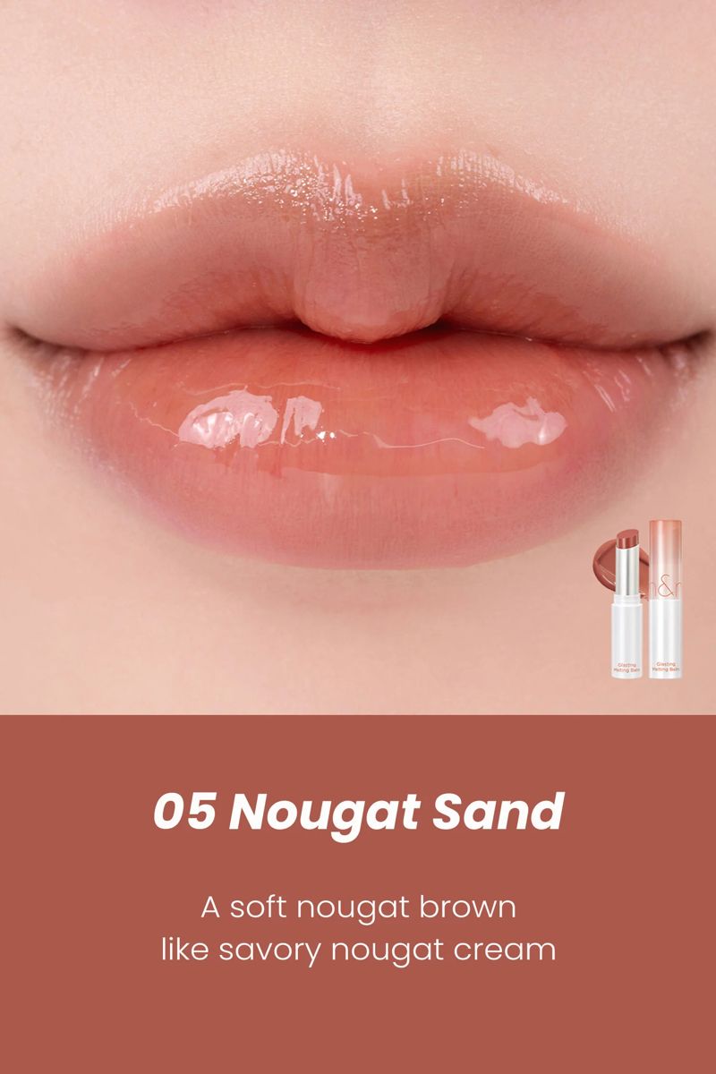 rom&nd Glasting Balm in shade 05 Nuga Sand on lips. Moisturizing Korean lip balm with a soft nude tint for everyday natural lip makeup. Authentic rom&nd lip product available at Sejou Lebanon.