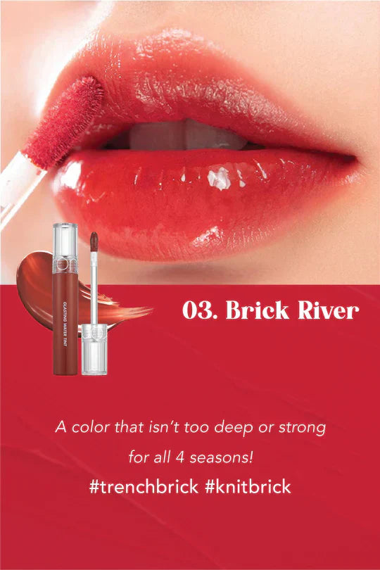 rom&nd Glasting Water Tint in shade Brick River product image. High-shine Korean lip tint with a deep brick-red glossy finish. Bestselling K-beauty lip stain available at Sejou