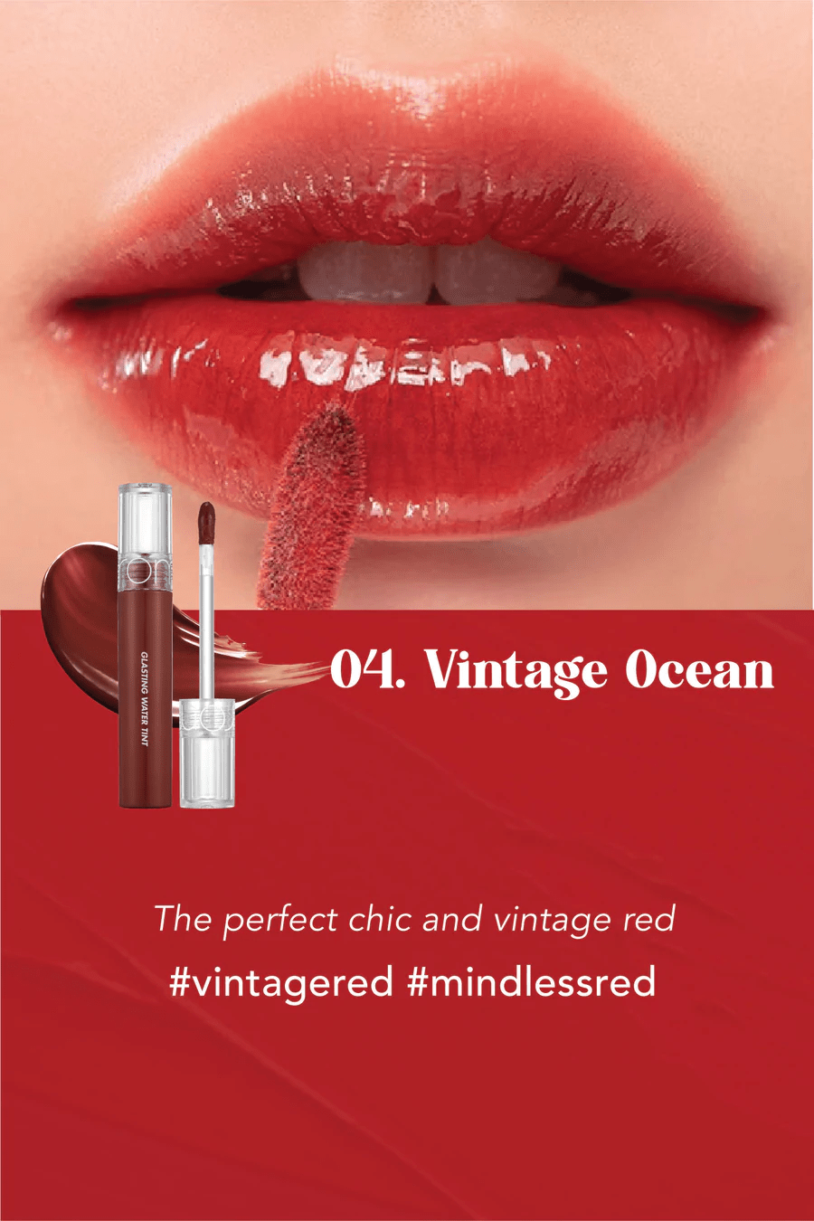 rom&nd Glasting Water Tint in shade Vintage Ocean on white background. Glossy Korean lip tint with a muted, vintage-inspired color for a natural dewy lip look. Authentic rom&nd lip tint available at Sejou