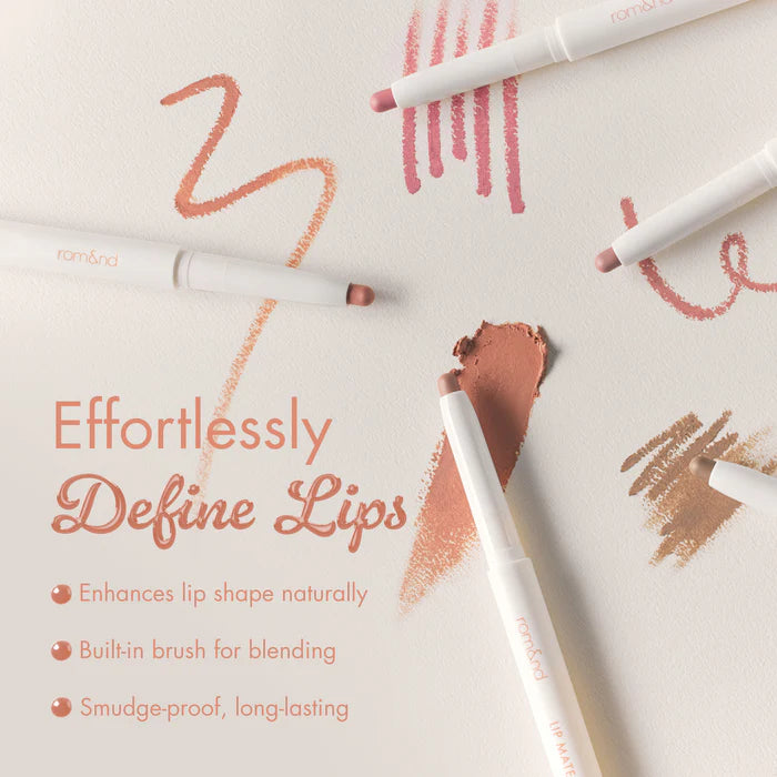 Rom&nd Lip Mate Pencil product swatches on paper with built-in blending brush. K-beauty long-lasting smudge-proof lip liner that naturally defines lip shape available at Sejou Lebanon.