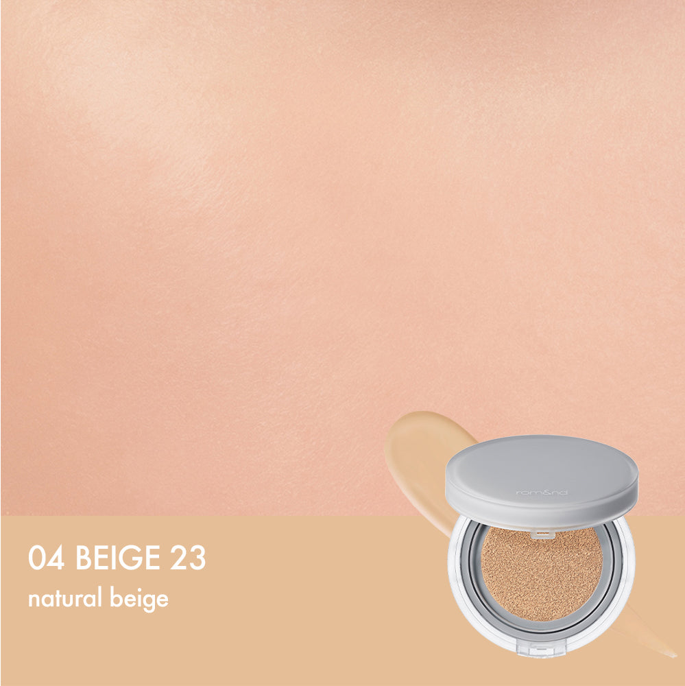 Korean Makeup Brand Romand Nu Zero Cushion Foundation in shade 04 Beige 23. Korean cushion foundation for medium skin tones looking for smooth, buildable coverage with a natural finish. Authentic product available at Sejou Lebanon.