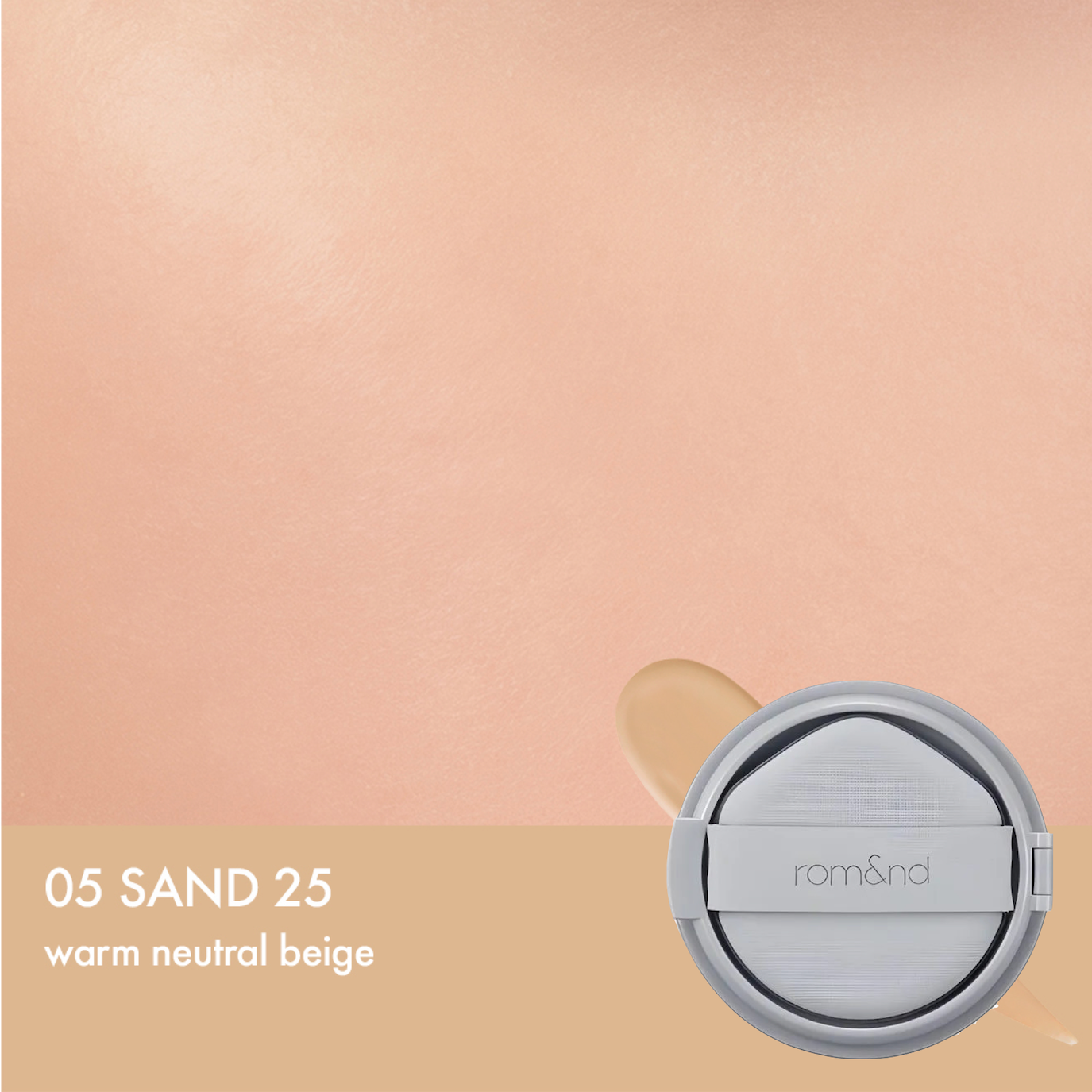 Korean makeup brand Nu Zero Cushion Foundation in shade 05 Sand 25 product image. K-beauty cushion foundation suited for medium-tan skin tones wanting a breathable, natural base. Genuine rom&nd foundation available at Sejou Lebanon
