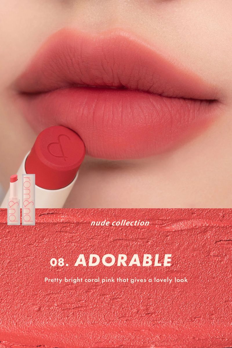 Korean brand Romand lipstick. Lipstick with a close-up of lips wearing the shade 'Adorable' from the nude collection.