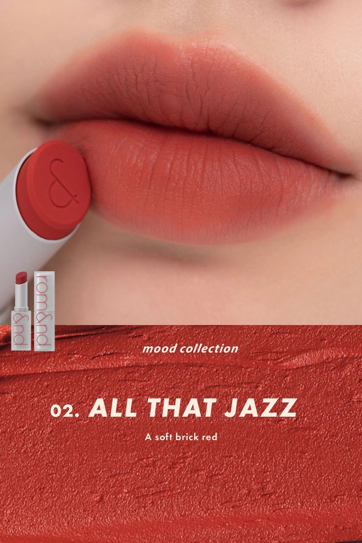 Korean lipstick by the brand Romand. Lipstick with a close-up of lips wearing the shade, labeled 'All That Jazz' from the Mood Collection.