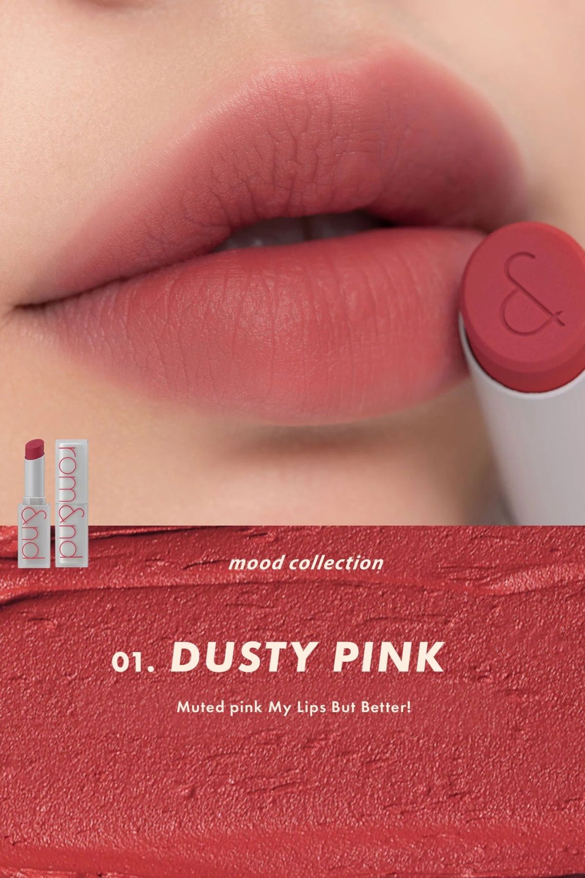 Brand Romand Zero Matte Lipstick in Dusty Pink swatch on lips. K-beauty soft pink matte lipstick with smooth blurred texture, authentic and in-stock at Sejou Lebanon.