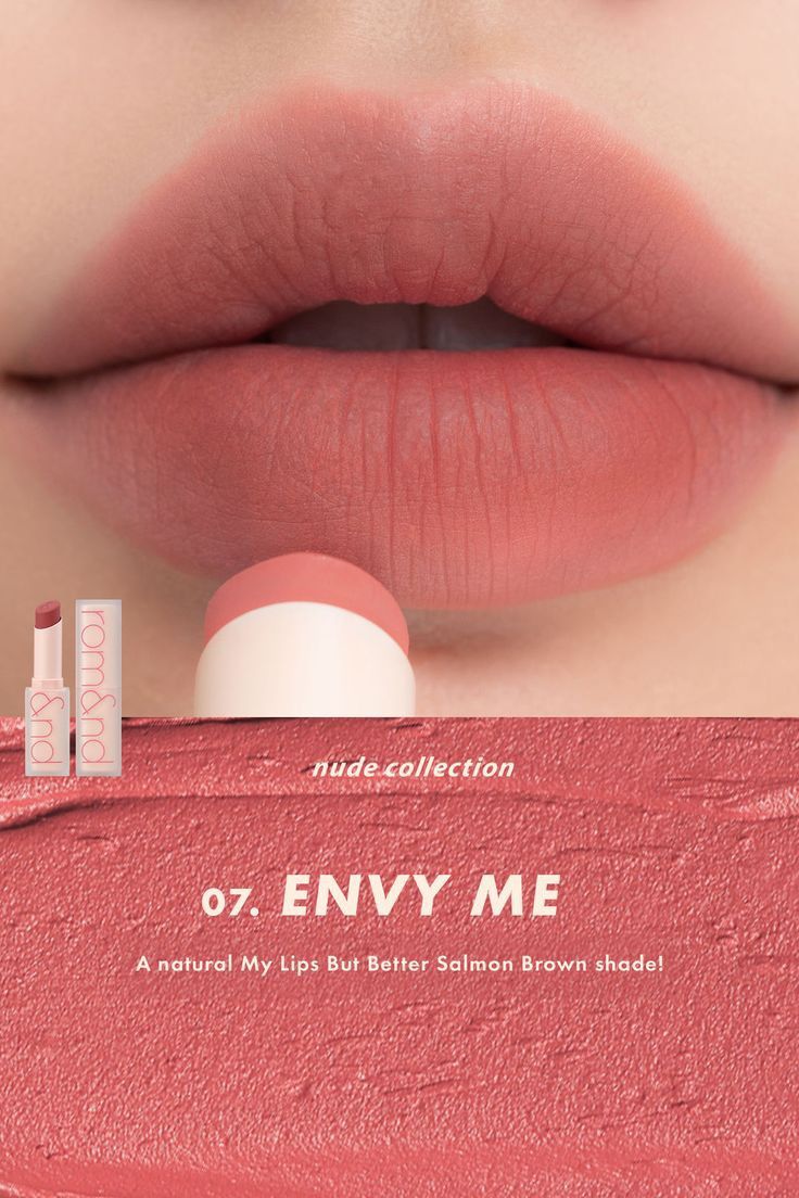 Korean lipstick by the brand Romand. Lipstick with 'Envy Me' shade on a close-up of lips, featuring the Nude Collection branding.