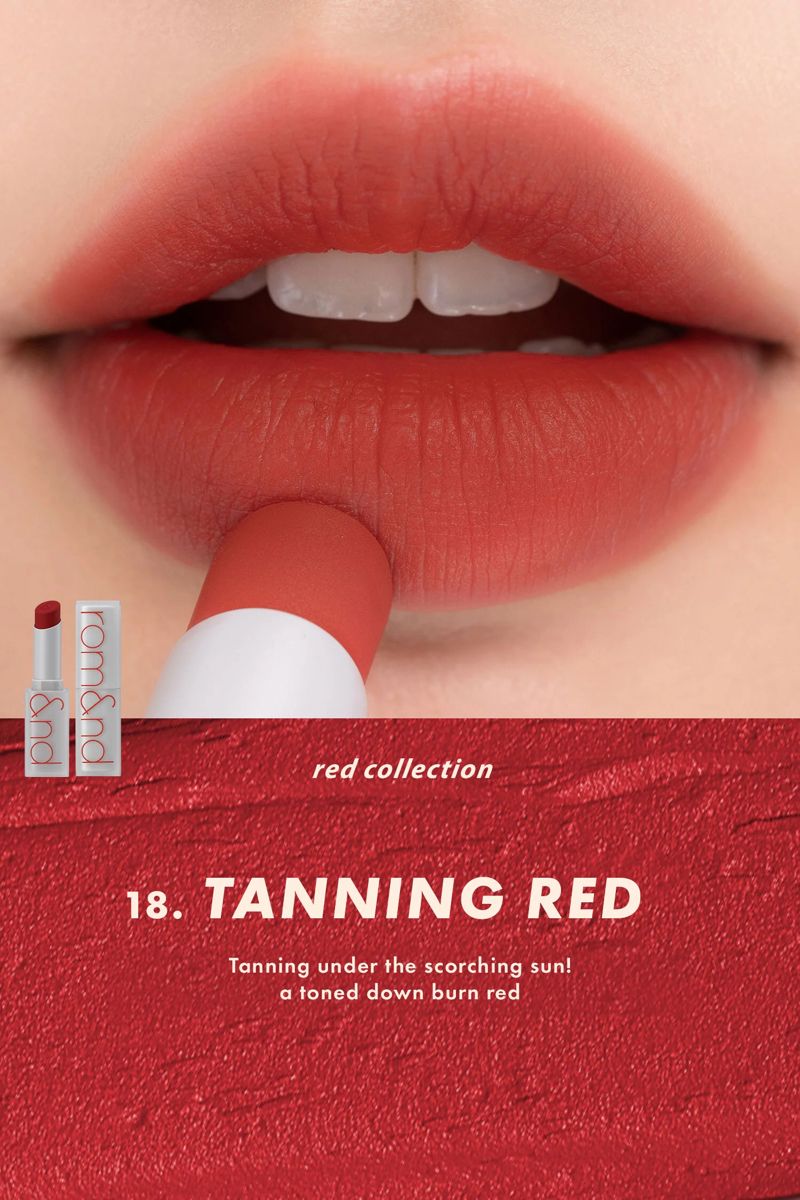 Korean brand Romand lipstick. Lipstick with a close-up of lips wearing the shade 'Tanning Red' from the romand red collection.