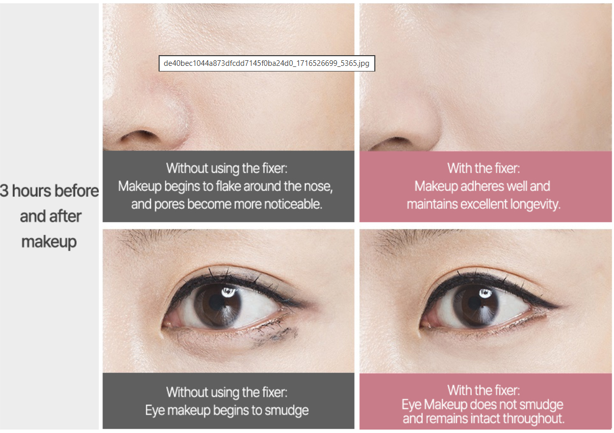 Before and after comparison of makeup application with a fixer on a person's face. long lasting, hydrating, makeup fixer
